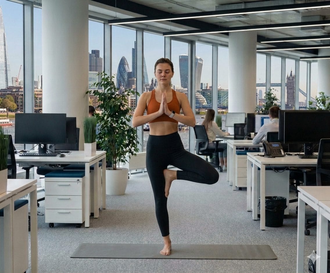 A yoga session in a London office, with the City skyline and Tower Bridge behind